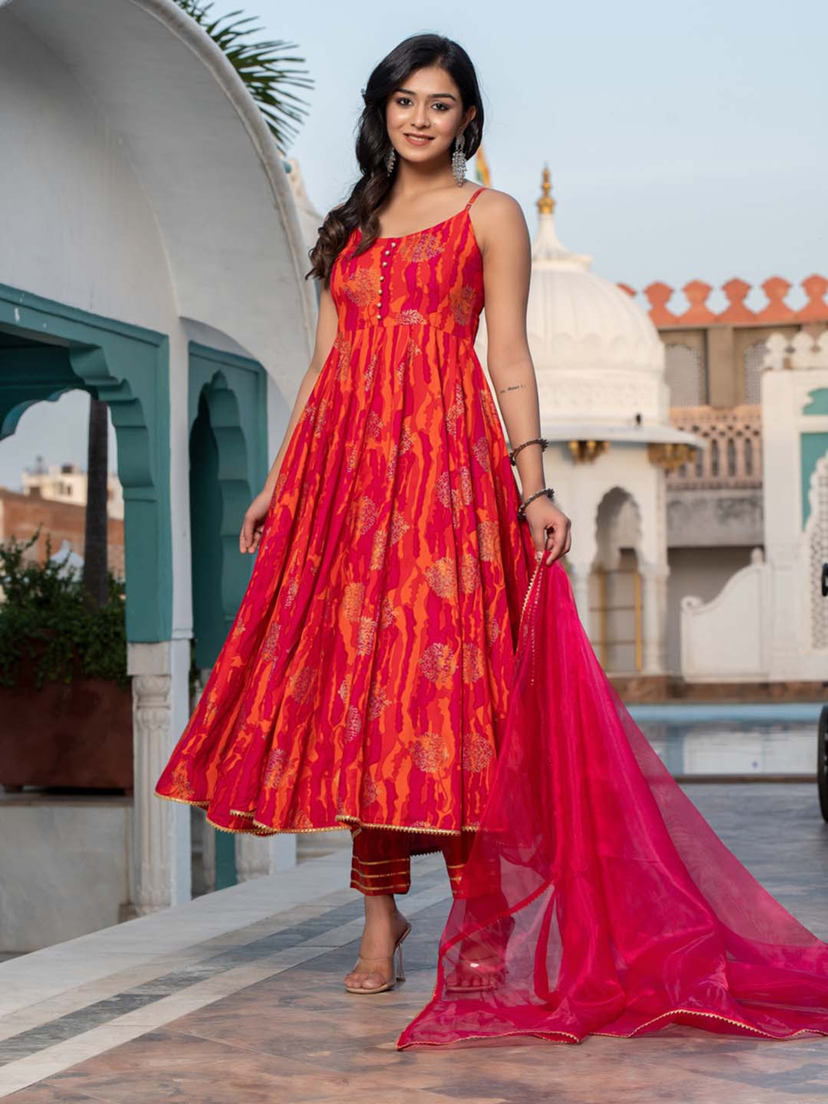 Aromie mauve floral kurta set featuring a vibrant design with a flared silhouette and a matching dupatta