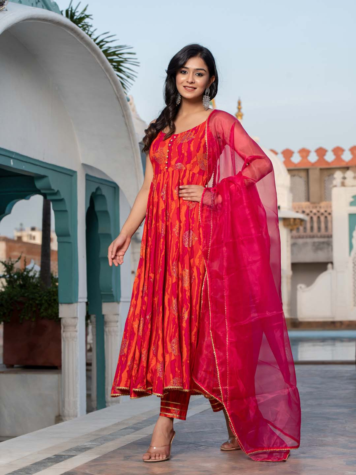 Aromie mauve floral kurta set featuring a vibrant design with a dupatta for elegant styling