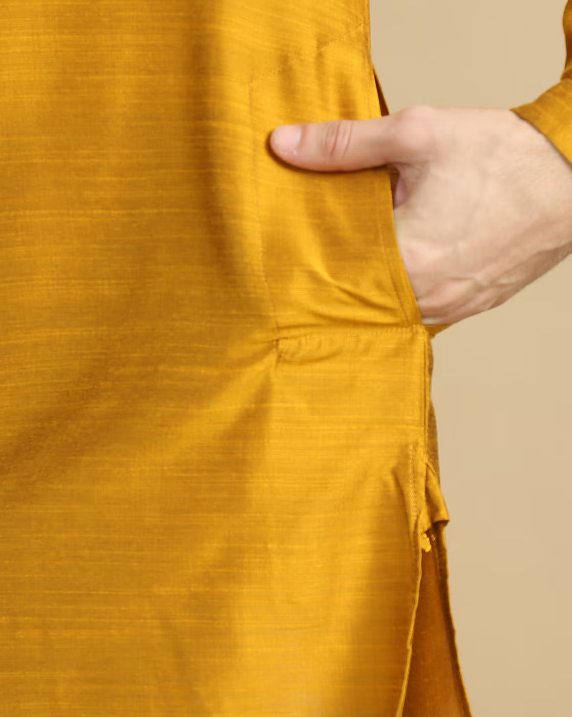 Men's cotton kurta pyjama set in vibrant yellow with a side pocket for convenience