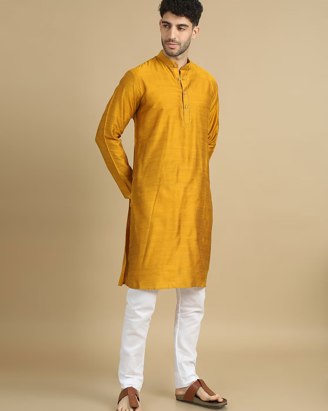 Men's cotton kurta pyjama set in mustard yellow with a stylish mandarin collar for festive occasions