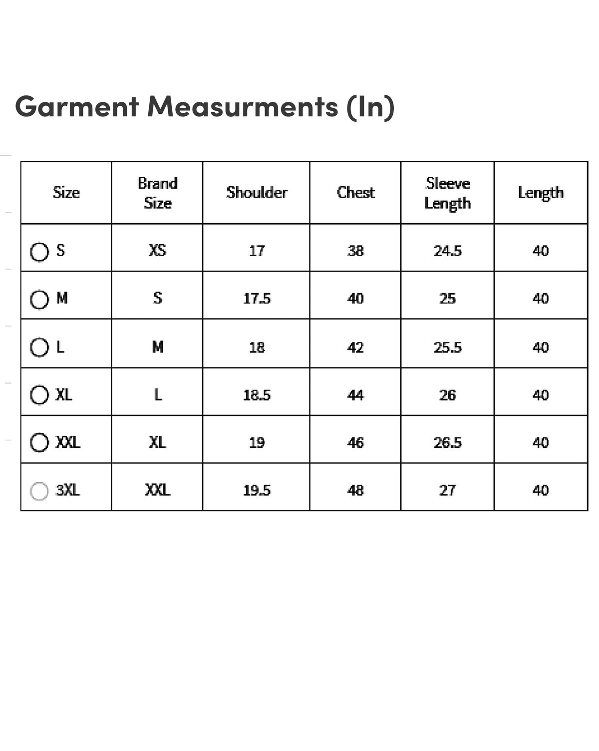 Size chart for men's cotton kurta pyjama set with measurements for different sizes