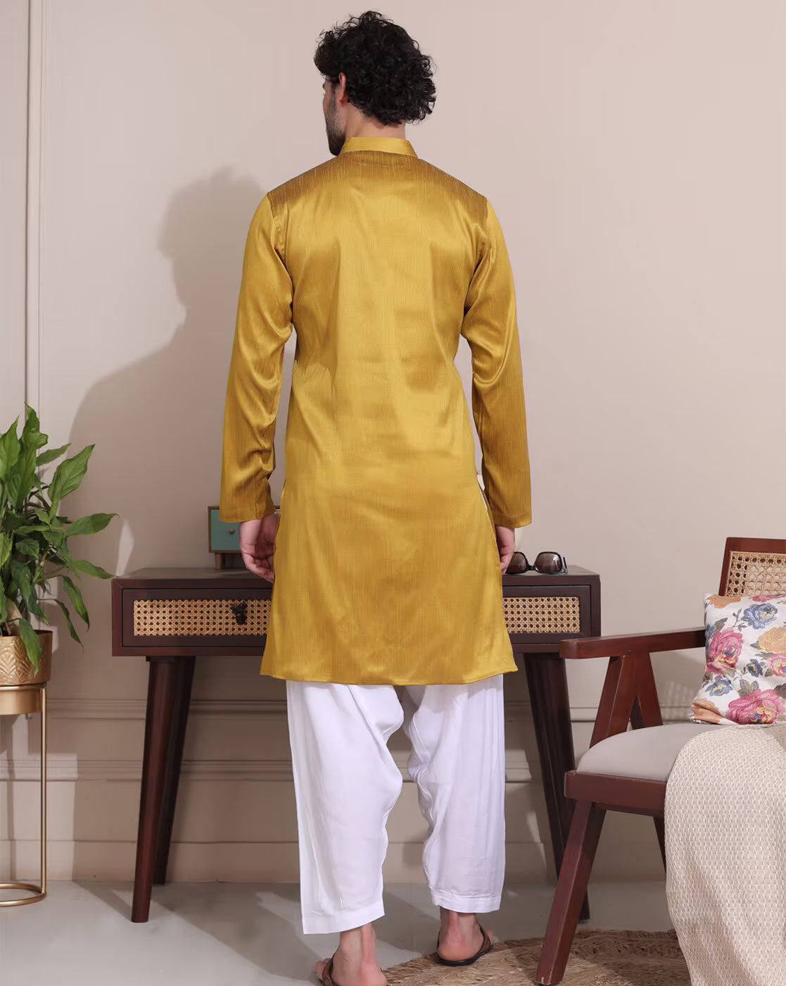 Stylish men's mustard kurta Canada with a back view, perfect for festive occasions
