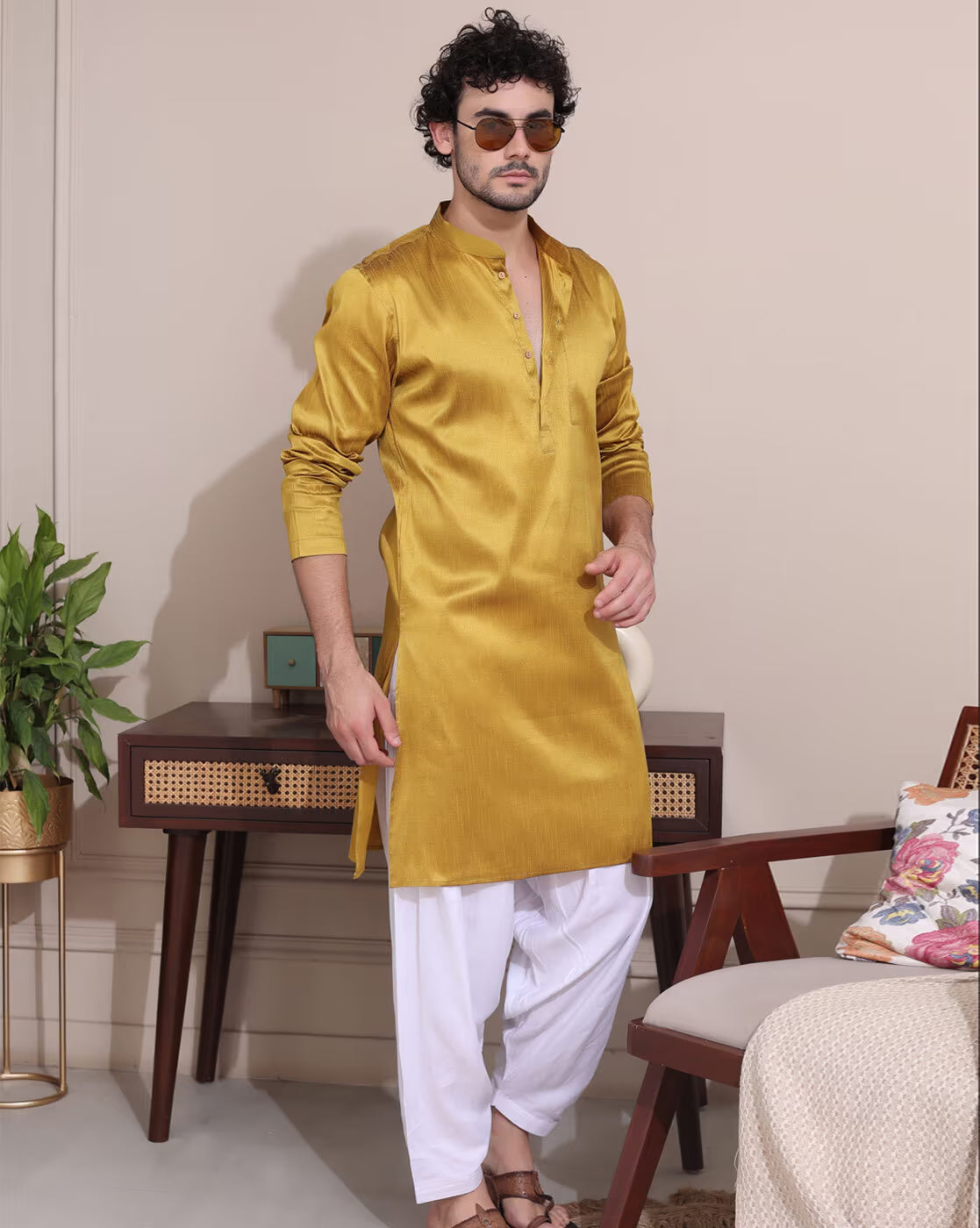 Stylish men's mustard kurta Canada with a modern fit, perfect for casual and festive occasions
