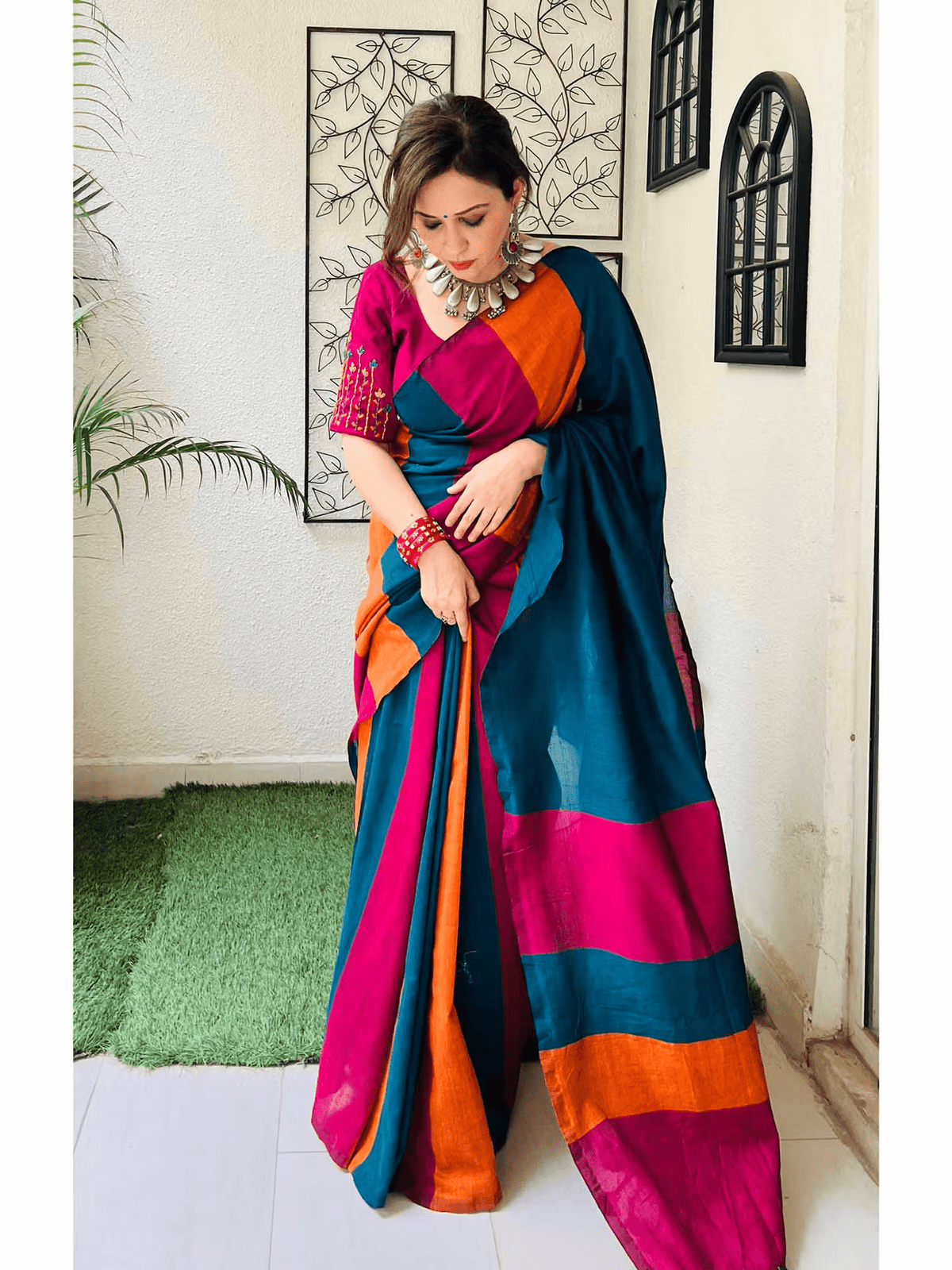 Multi - Color Cotton Saree for Women with Tassels – Includes Unstitched Blouse | Hand Wash Friendly - aromie