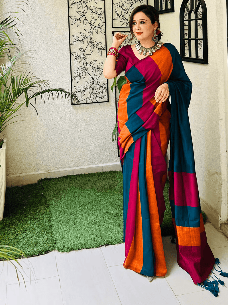 Multi - Color Cotton Saree for Women with Tassels – Includes Unstitched Blouse | Hand Wash Friendly - aromie