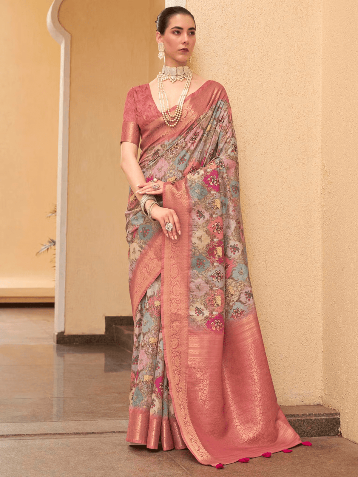 "Multi - Color Tussar Silk Digital Print Saree with Tassels – Unstitched Blouse Included - aromie