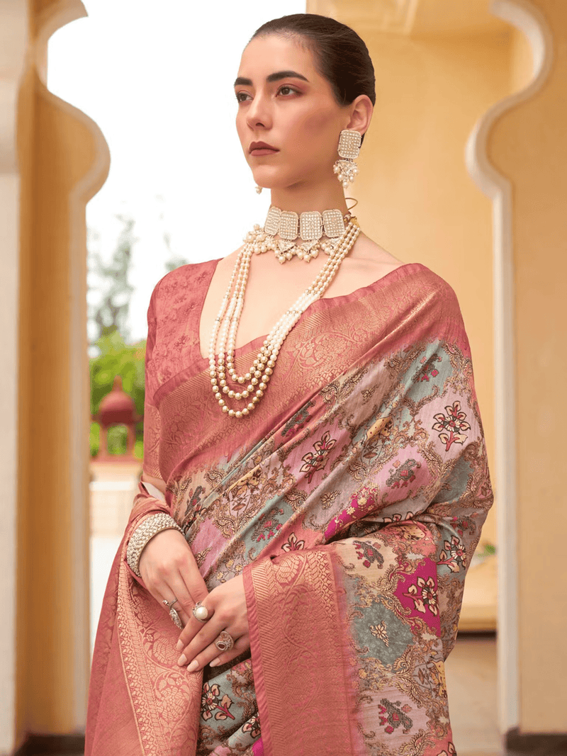 "Multi - Color Tussar Silk Digital Print Saree with Tassels – Unstitched Blouse Included - aromie