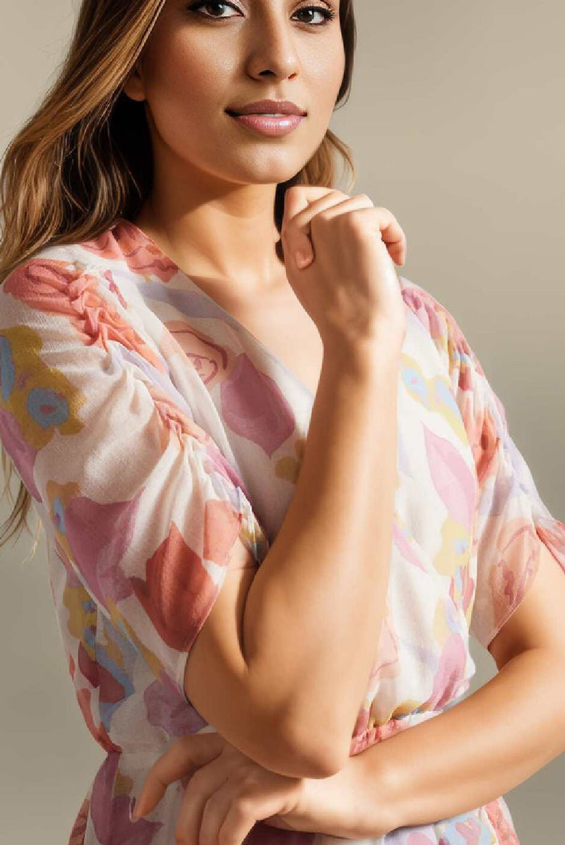 Multicolor Floral Mini Dress for Women | Georgette A - Line Dress with V - Neck & Short Sleeves - aromie