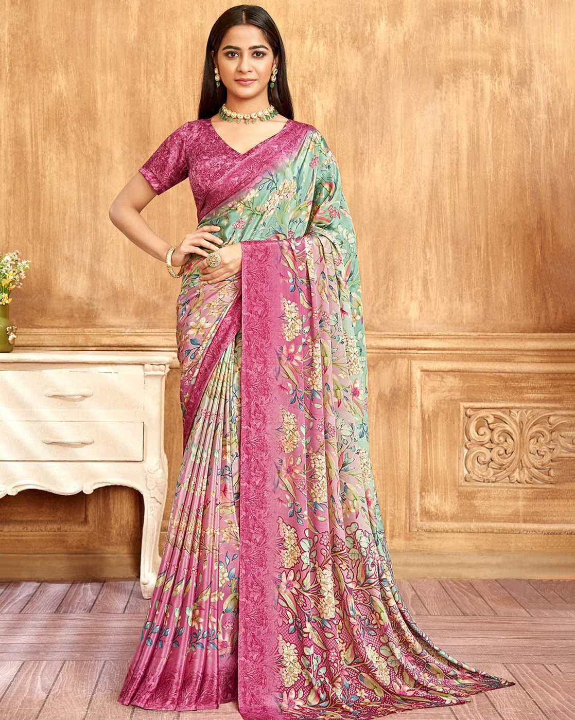 Aromie Multicolor Tussar Silk Saree with Elegant Floral Design and Matching Blouse