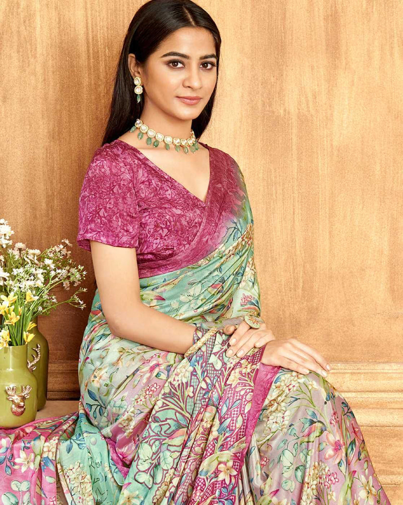 Elegant model wearing a Multicolor Tussar Silk Saree with intricate floral designs and a stylish blouse
