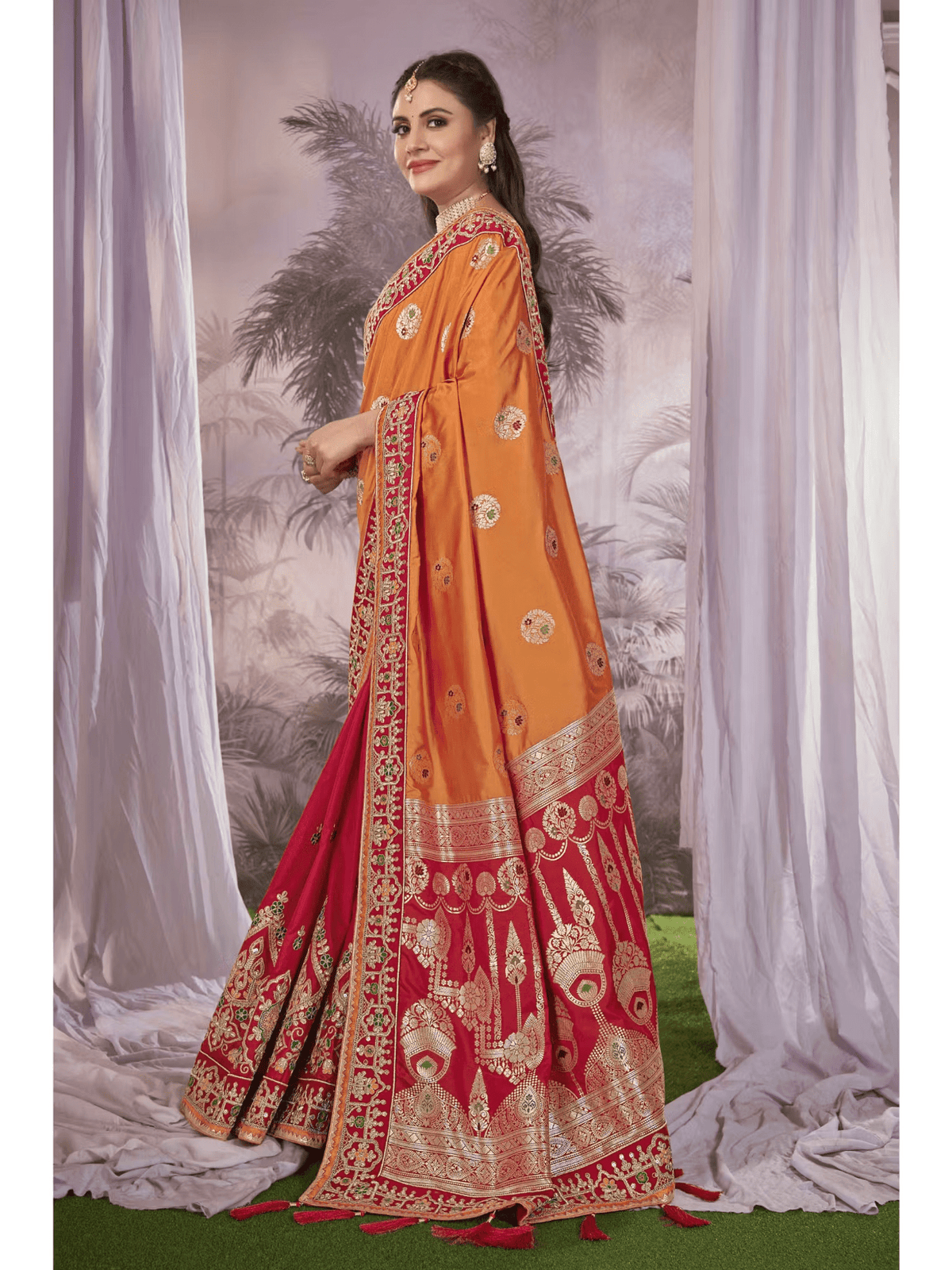 Mustard Red Banarasi Silk Saree with Vegan Embroidery | Festive Silk Saree with Blouse Canada - aromie