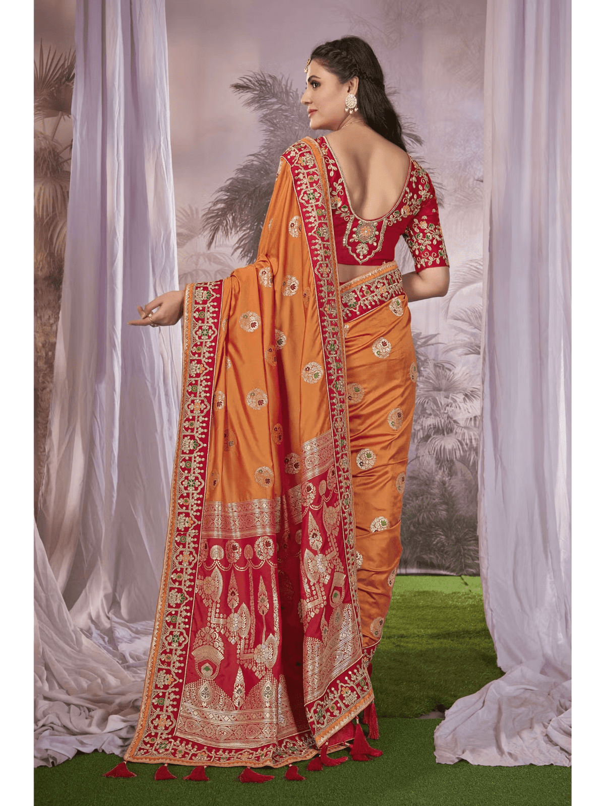 Mustard Red Banarasi Silk Saree with Vegan Embroidery | Festive Silk Saree with Blouse Canada - aromie