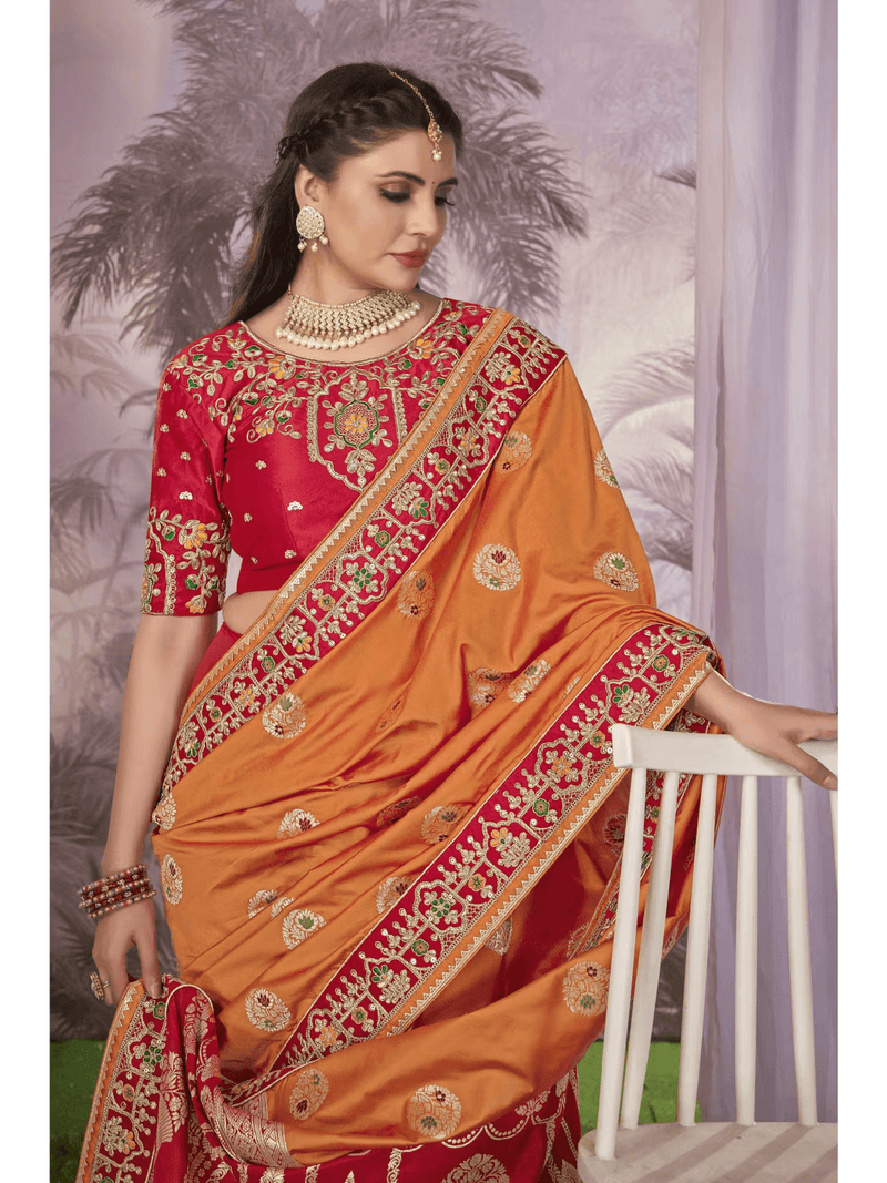 Mustard Red Banarasi Silk Saree with Vegan Embroidery | Festive Silk Saree with Blouse Canada - aromie