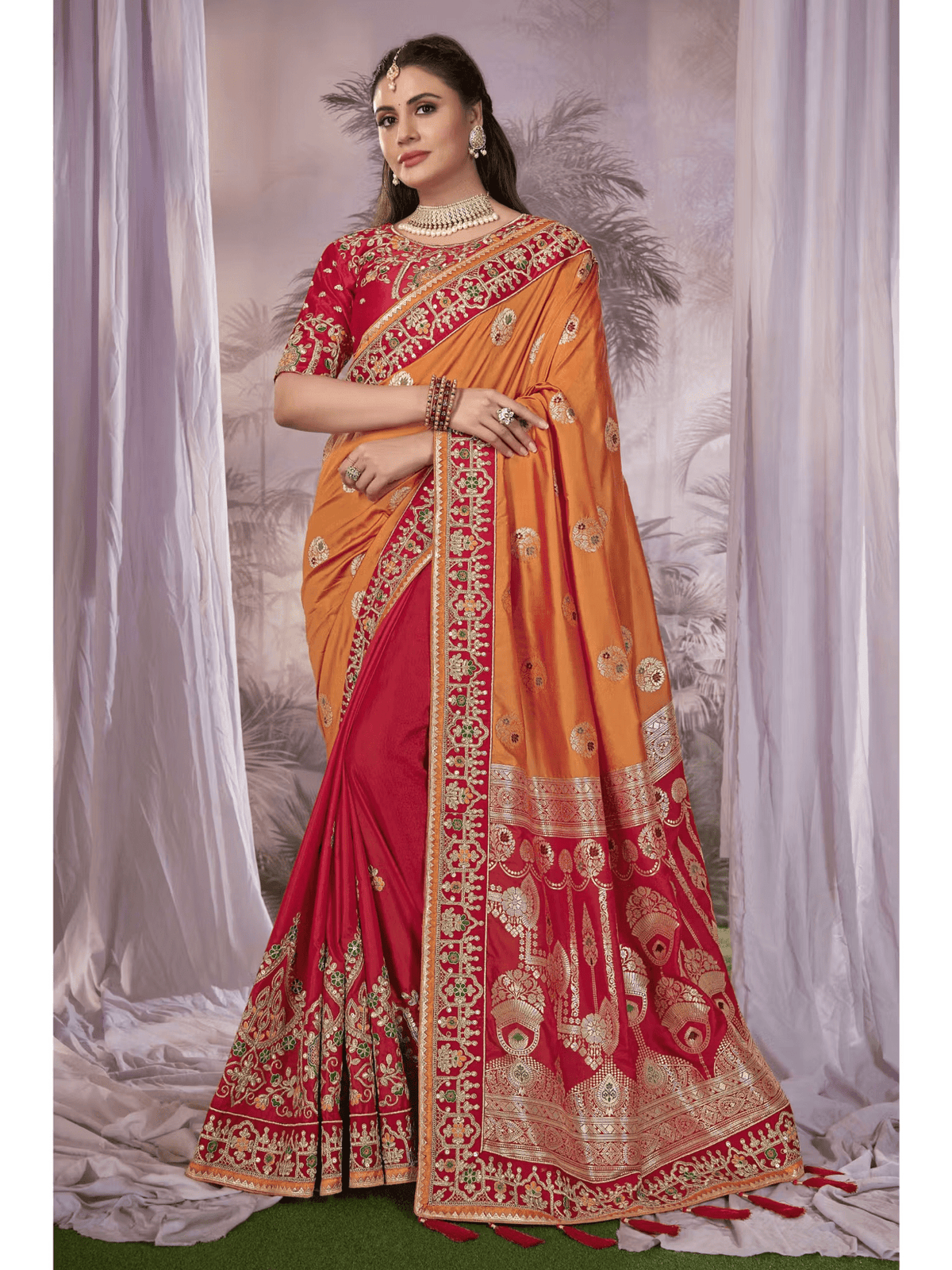Mustard Red Banarasi Silk Saree with Vegan Embroidery | Festive Silk Saree with Blouse Canada - aromie