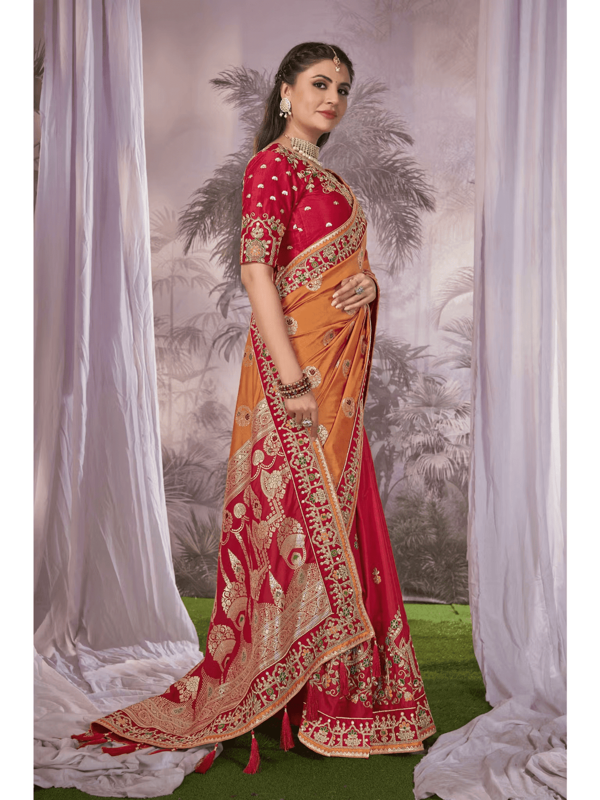 Mustard Red Banarasi Silk Saree with Vegan Embroidery | Festive Silk Saree with Blouse Canada - aromie
