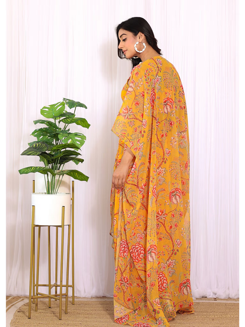 Mustard yellow co-ord set with skirt and shrug featuring a floral design for stylish comfort