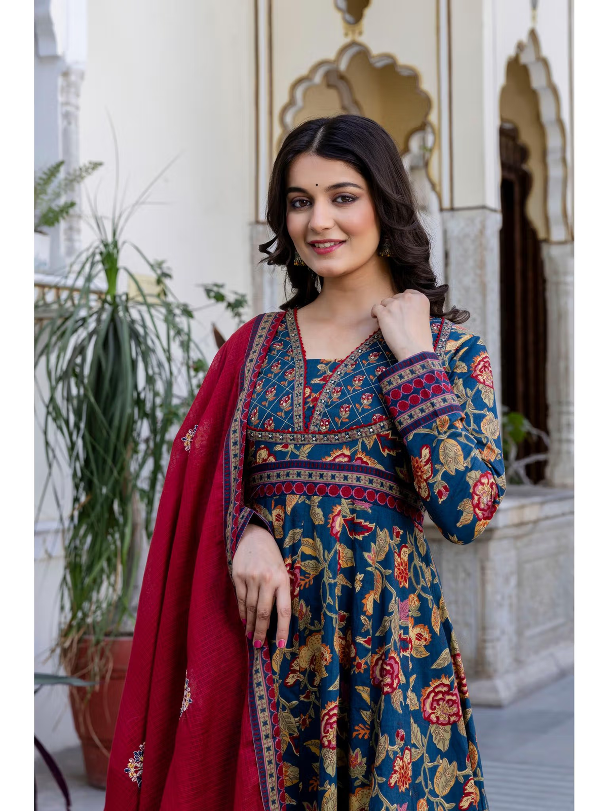 Elegant navy blue anarkali kurta set Canada featuring floral embroidery and a complementing dupatta