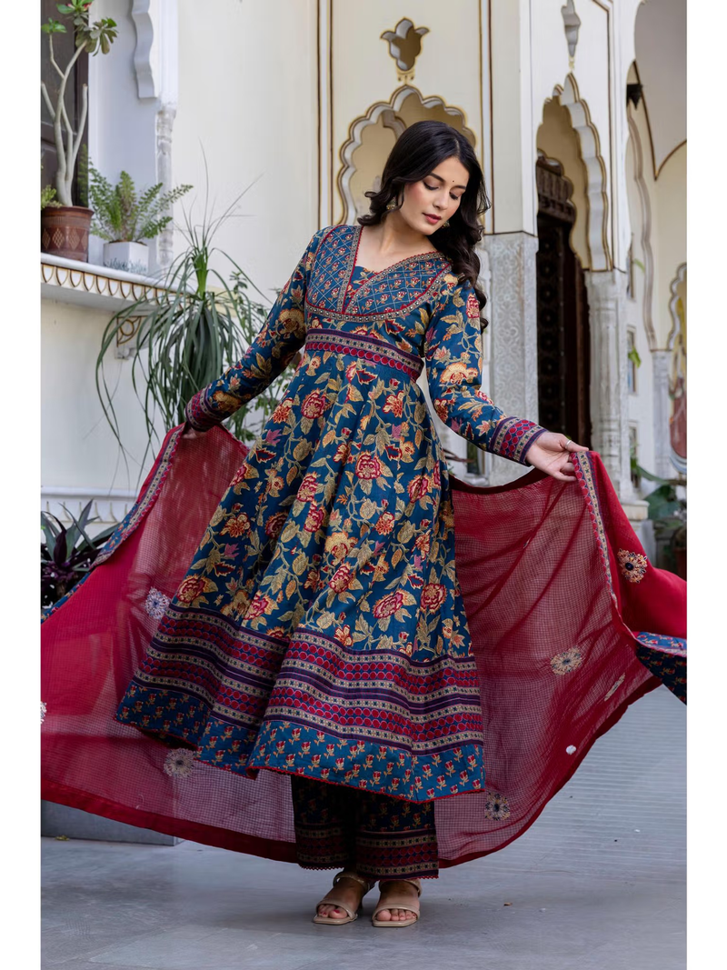 Elegant navy blue anarkali kurta set Canada with floral patterns and contrasting red dupatta