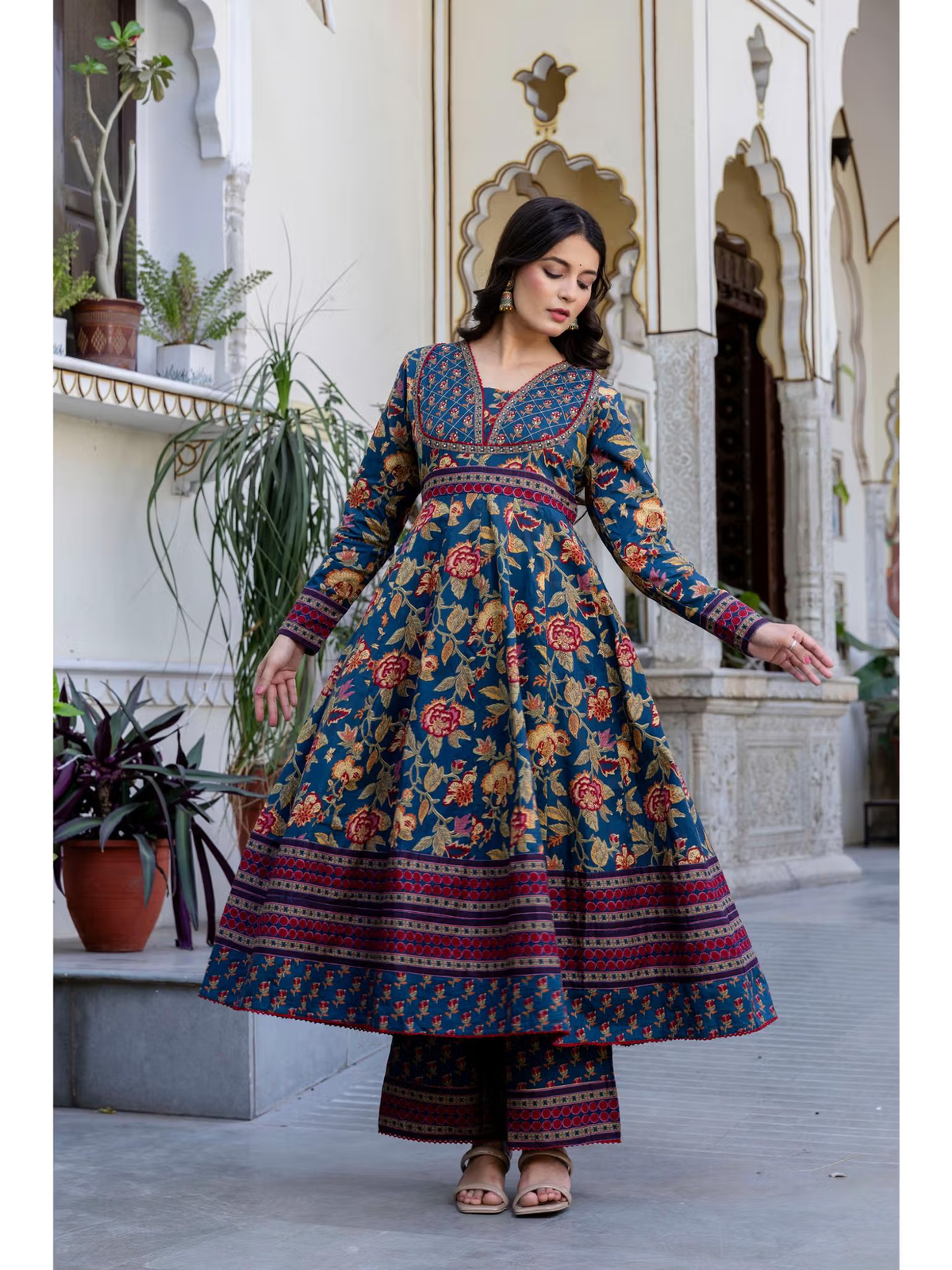 Aromie navy blue anarkali kurta set Canada featuring floral patterns and long sleeves