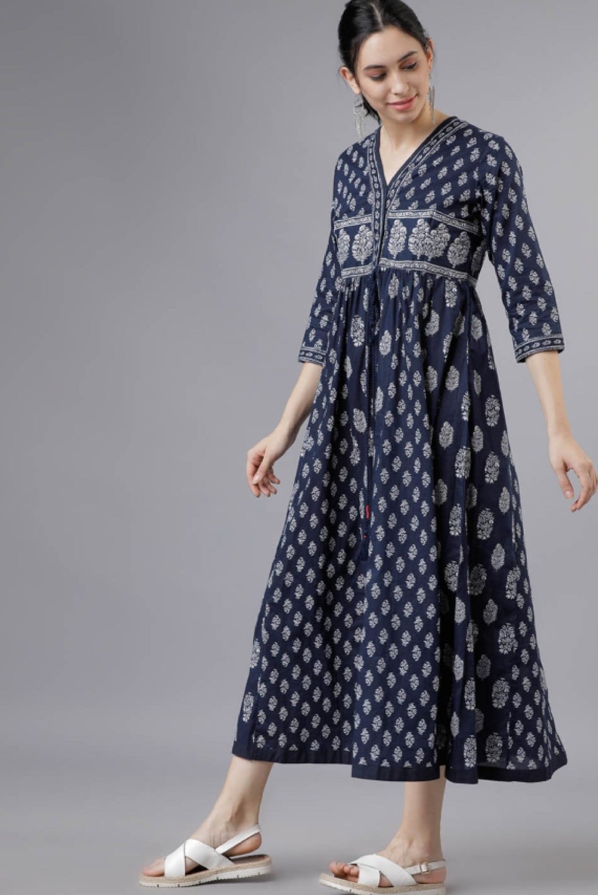 Navy Blue Cotton Maxi Dress by Aromie with Floral Print and Three-Quarter Sleeves