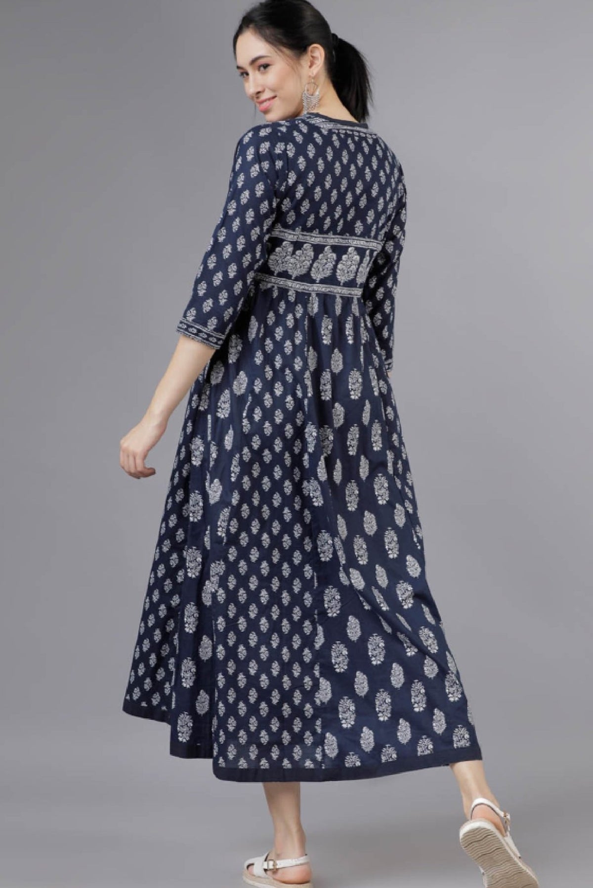 Stylish Navy Blue Cotton Maxi Dress with Elegant Pattern and Flowy Design for Comfortable Wear