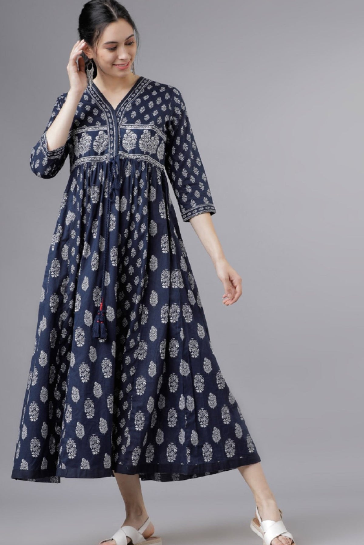 Aromie Navy Blue Cotton Maxi Dress with Elegant Embroidery and Comfortable Fit for Everyday Wear