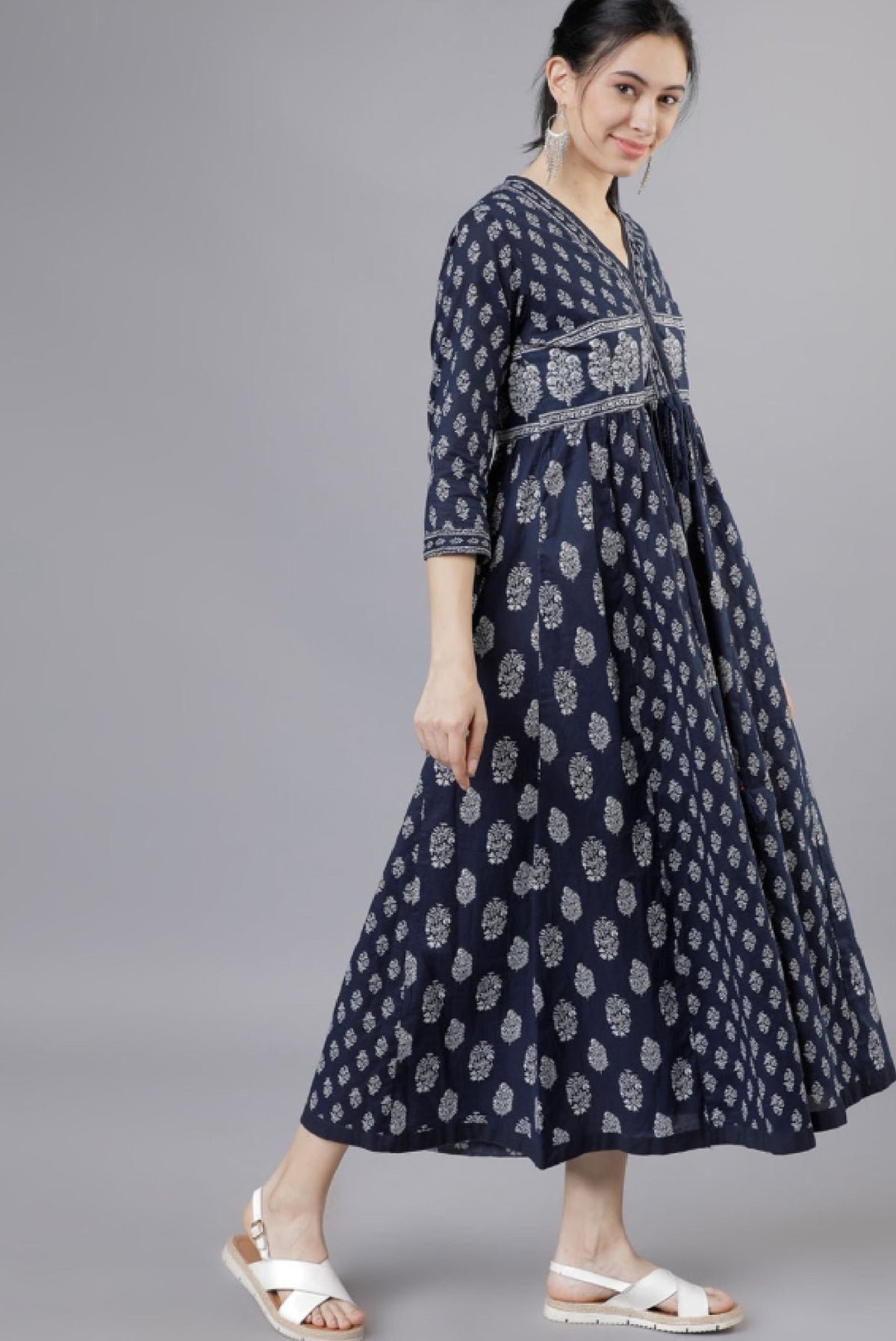 Aromie Navy Blue Cotton Maxi Dress with intricate silver floral patterns and a flattering fit.