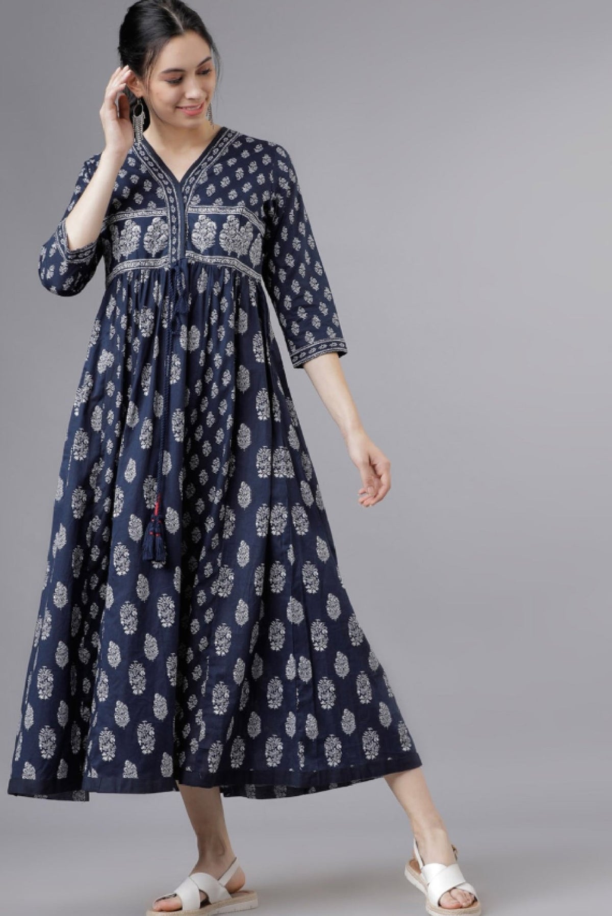 Navy Blue Cotton Maxi Dress by aromie with intricate floral patterns and a flowing silhouette