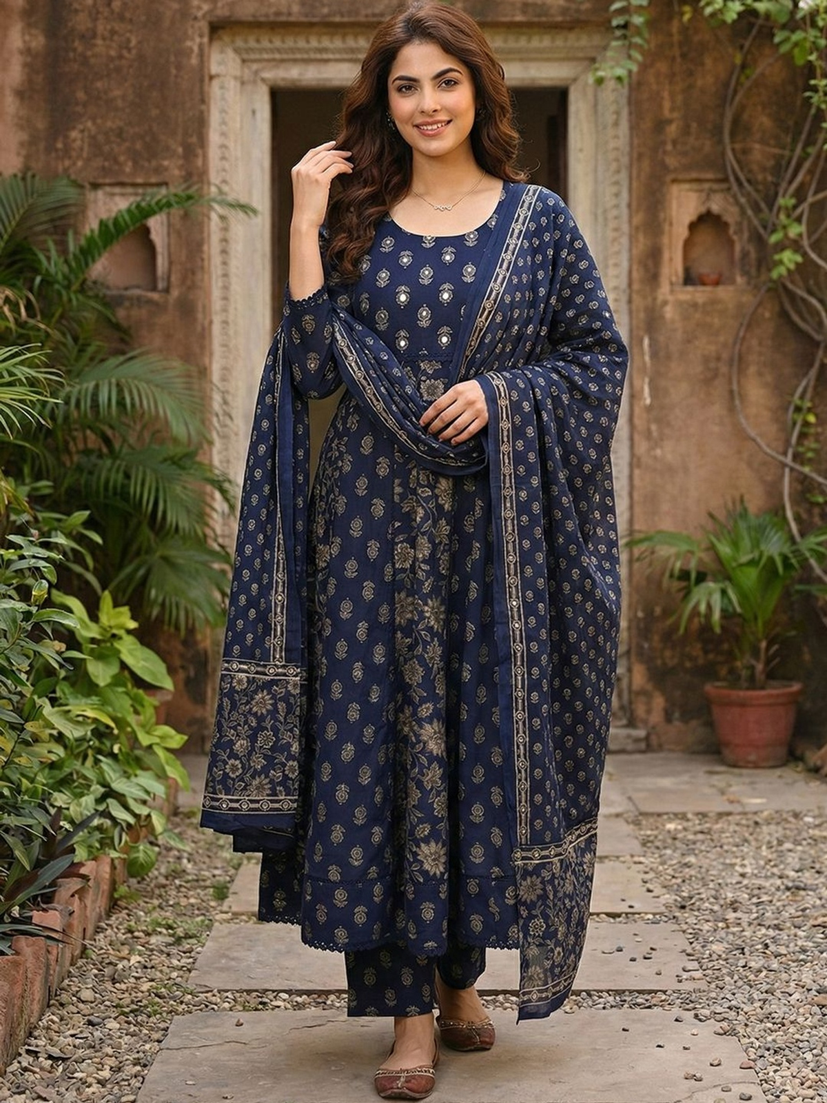 Navy blue embroidered anarkali set Canada in detailed view, perfect for festive occasions or weddings