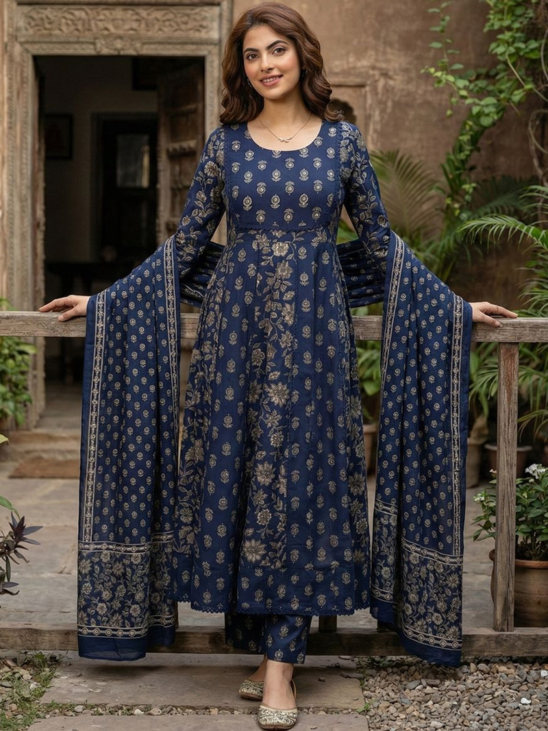 Navy blue embroidered anarkali set Canada in soft fabric, featuring a detailed front design, perfect for festive occasions.