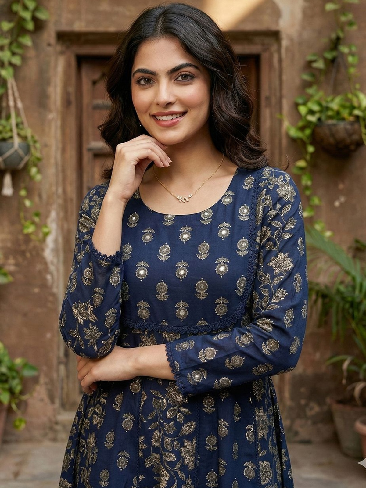 Front view of a navy blue embroidered anarkali set Canada, crafted from soft fabric, perfect for festive occasions.