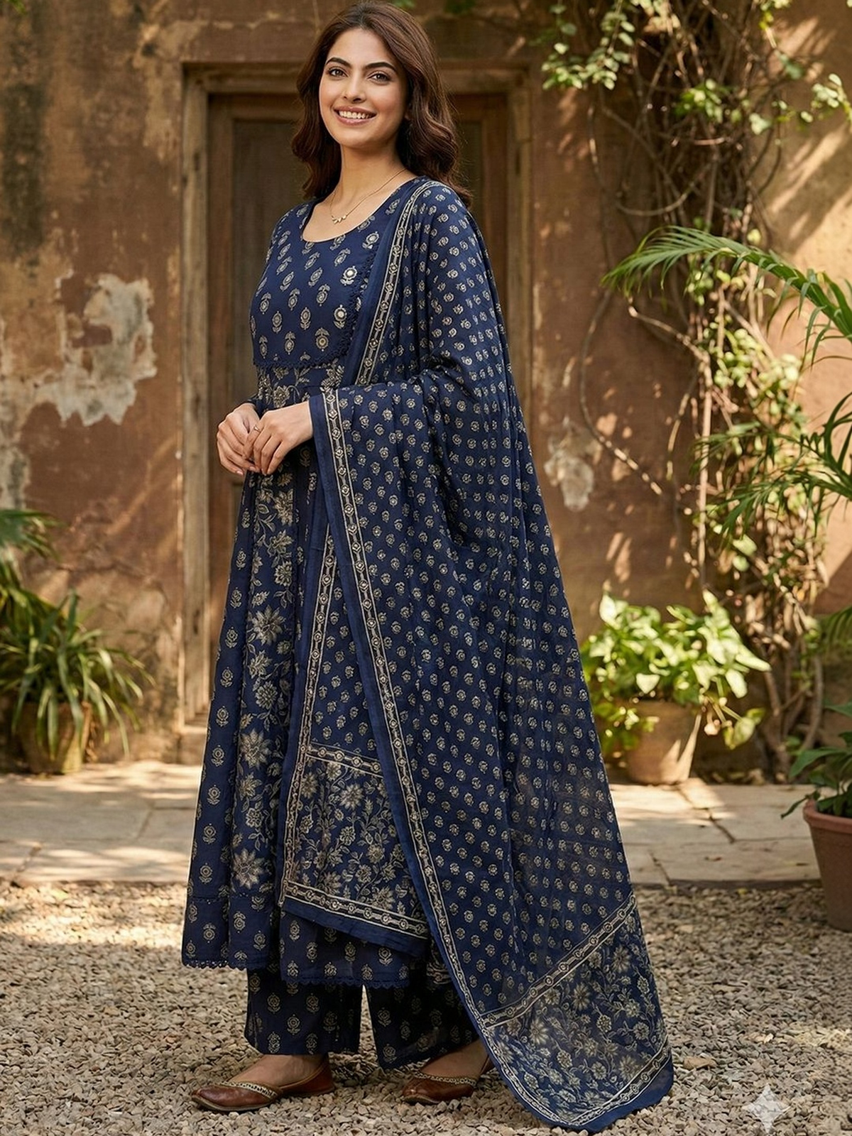 Navy blue embroidered anarkali set Canada featuring three pieces in soft fabric, perfect for festive occasions