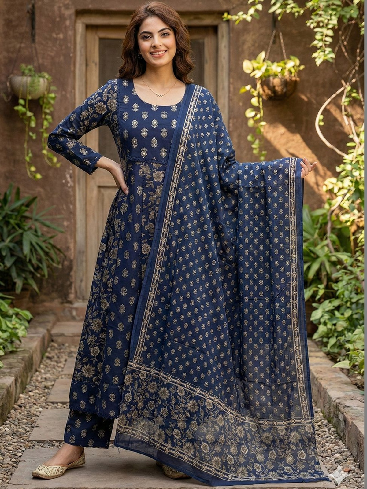 Navy blue embroidered anarkali set Canada in lightweight fabric, displayed from the front for festive occasions