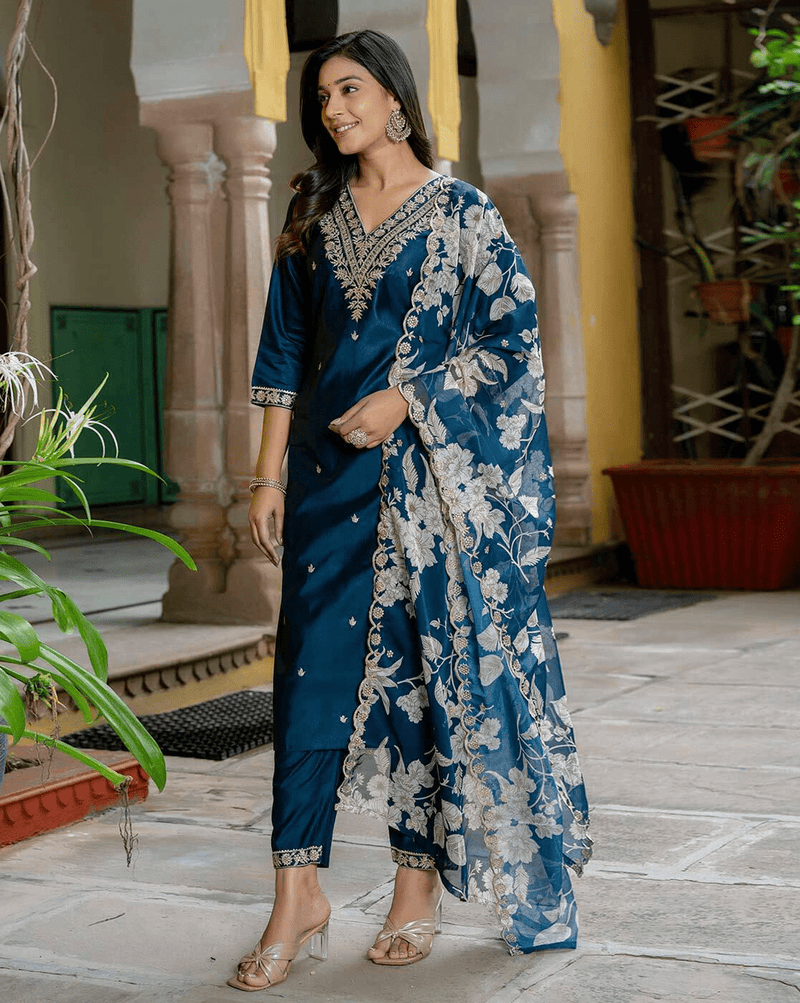 Elegant Navy Blue Floral Kurta Set with Intricate Embroidery and Lightweight Chiffon Dupatta