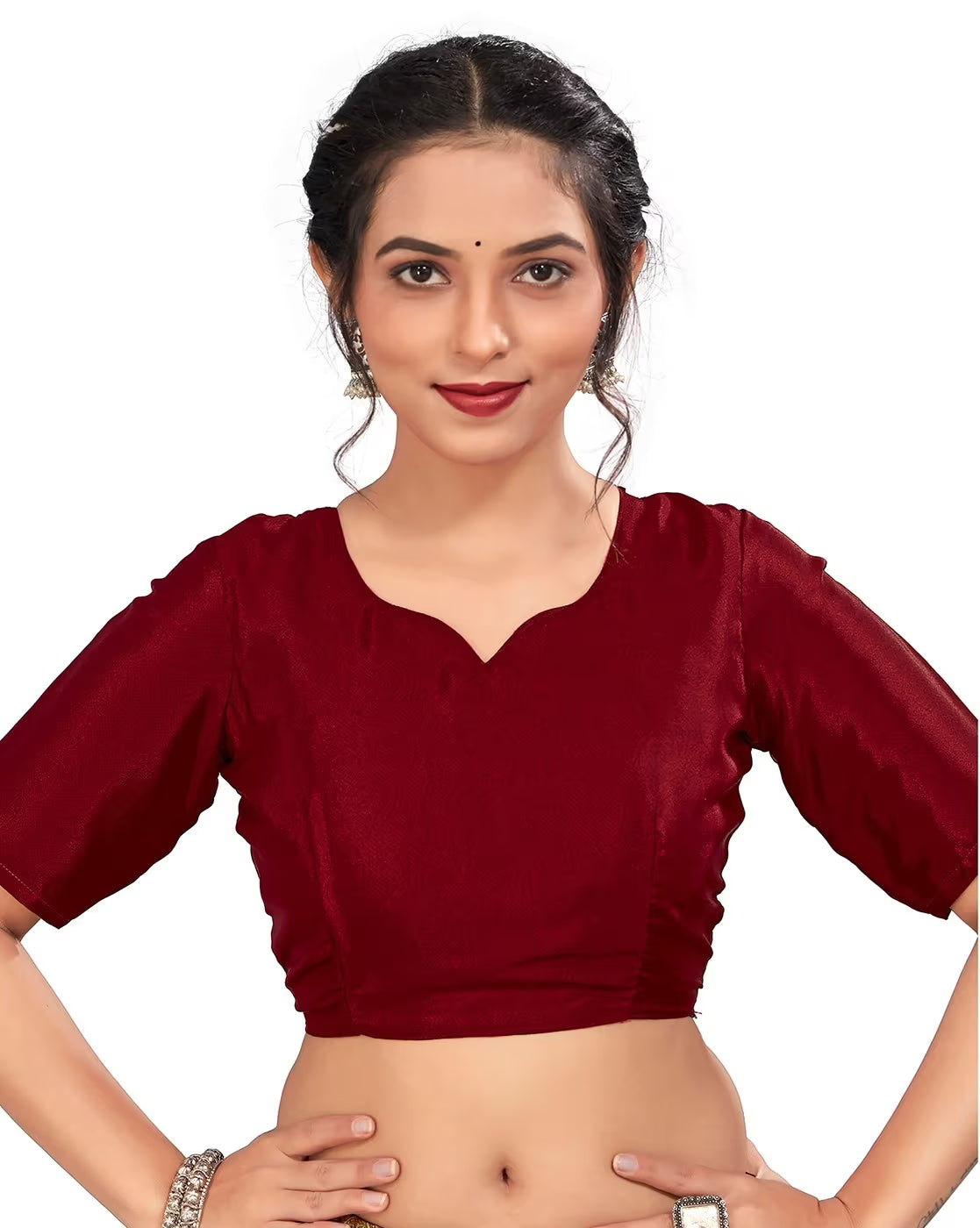 Navy Blue Floral Saree styled with a contrasting maroon blouse for an elegant look