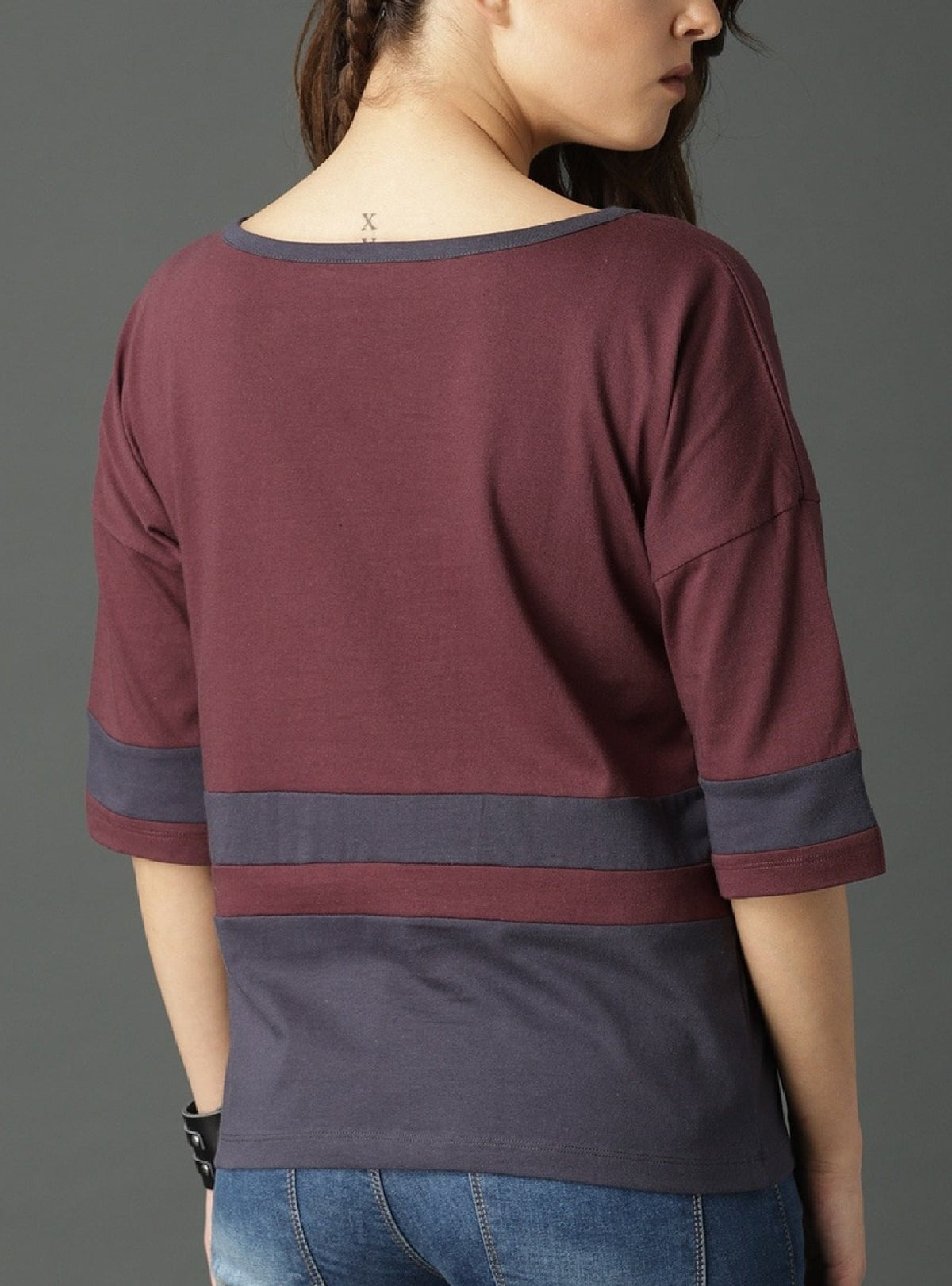 Navy Blue Maroon Cotton T-shirt by aromie with color block design and relaxed fit worn by woman