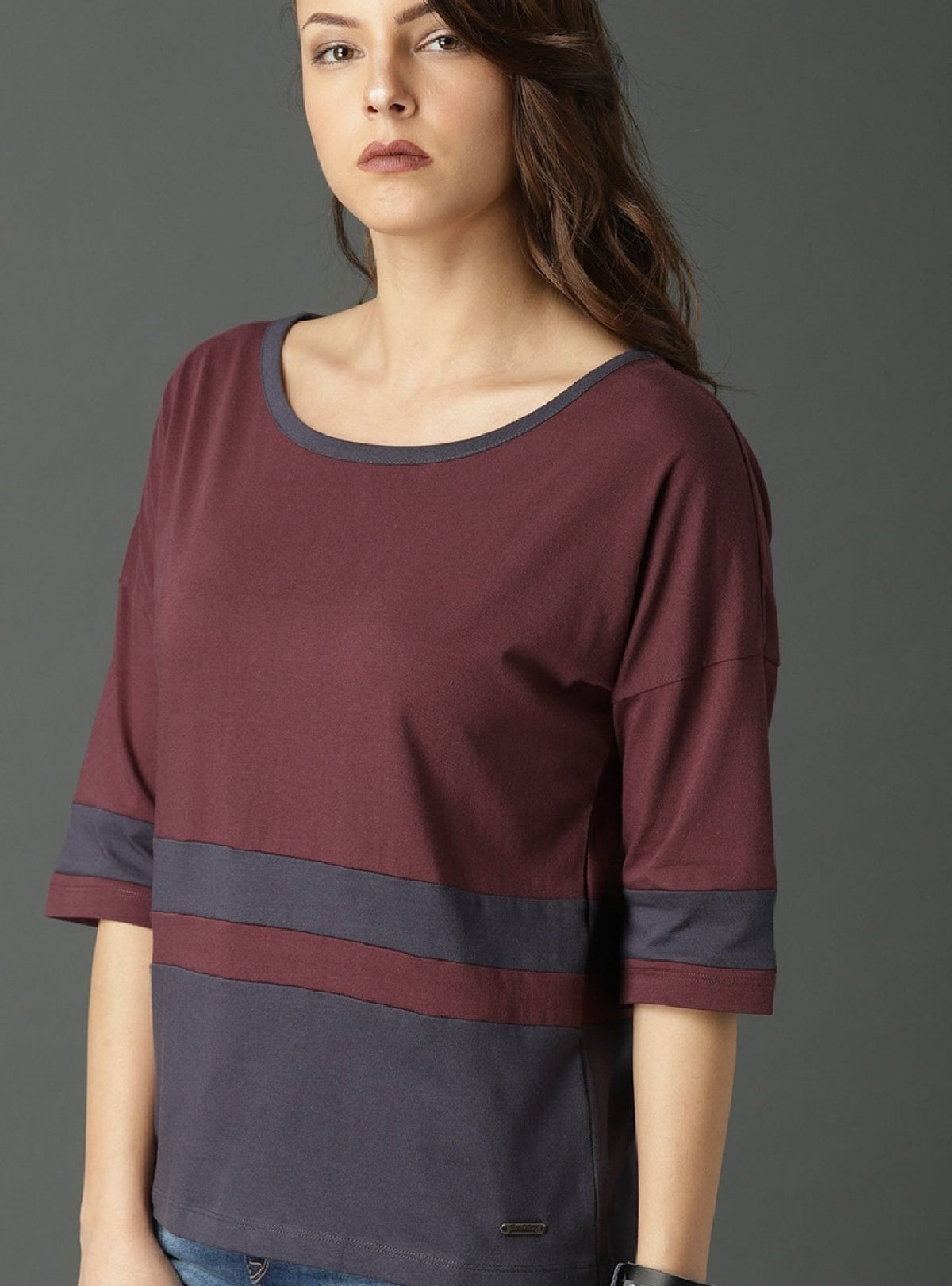 Navy Blue Maroon Cotton T-shirt by aromie featuring half sleeves and color block design on a female model