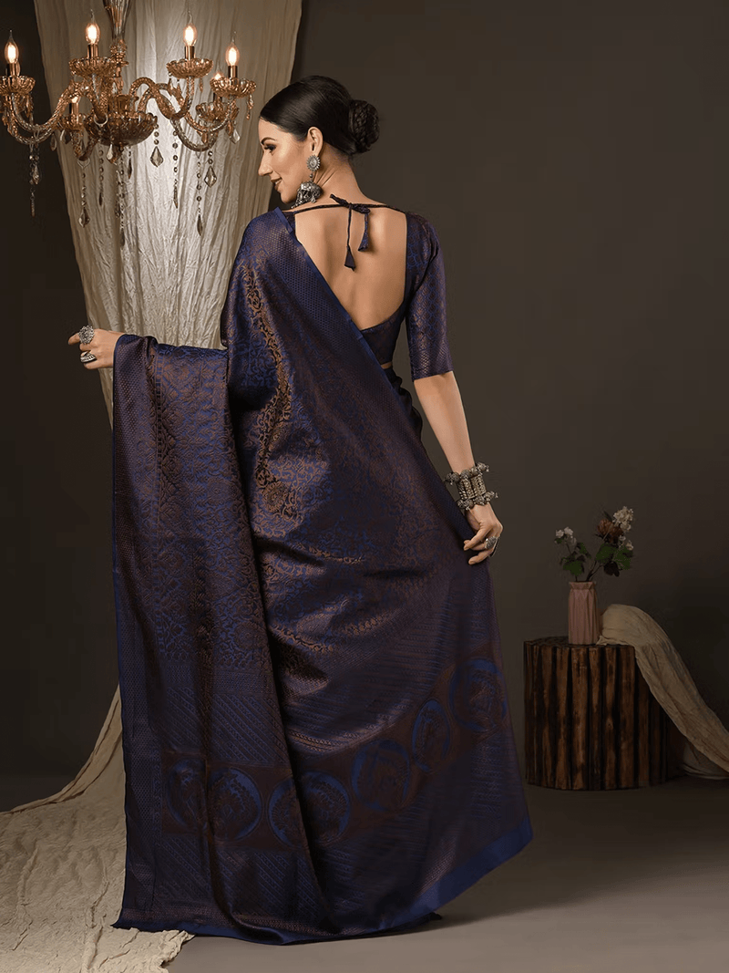 Navy Blue Silk Blend Designer Saree | Wedding Saree with Blouse Canada - aromie