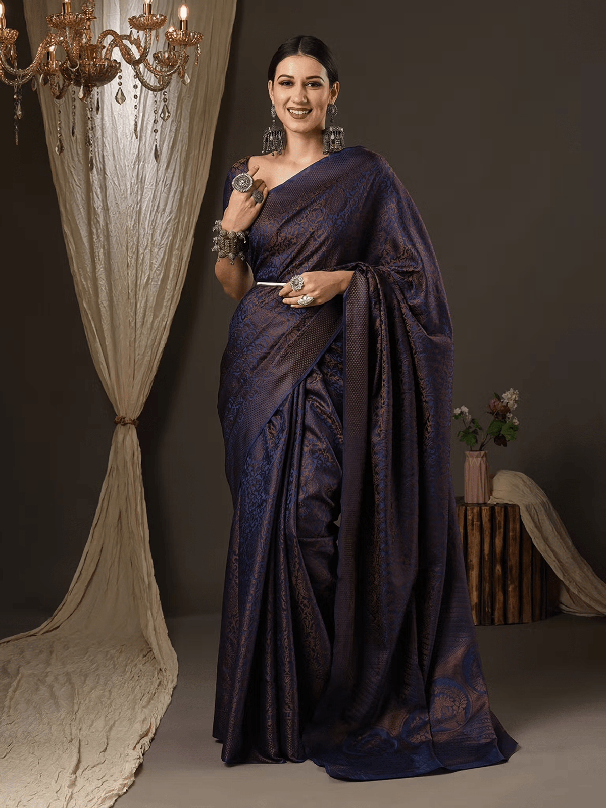 Navy Blue Silk Blend Designer Saree | Wedding Saree with Blouse Canada - aromie
