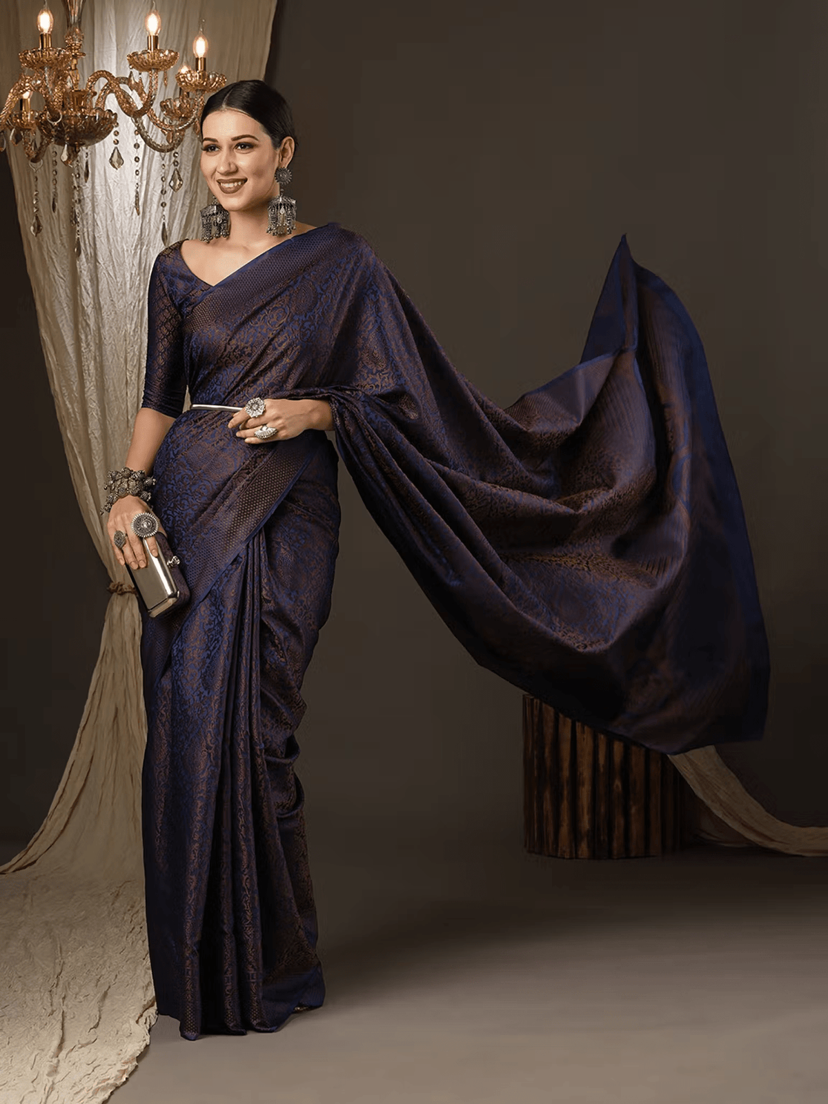 Navy Blue Silk Blend Designer Saree | Wedding Saree with Blouse Canada - aromie