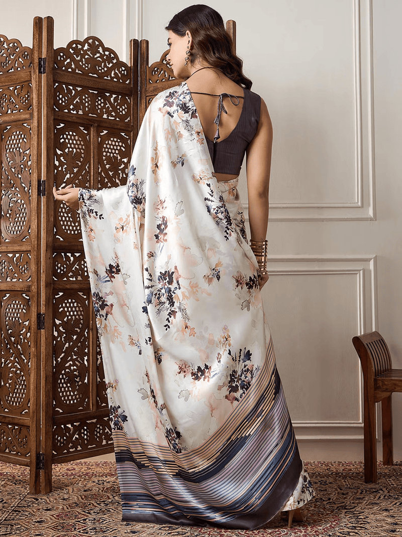 Navy Blue Silk Blend Floral Print Saree – With Unstitched Blouse Piece - aromie