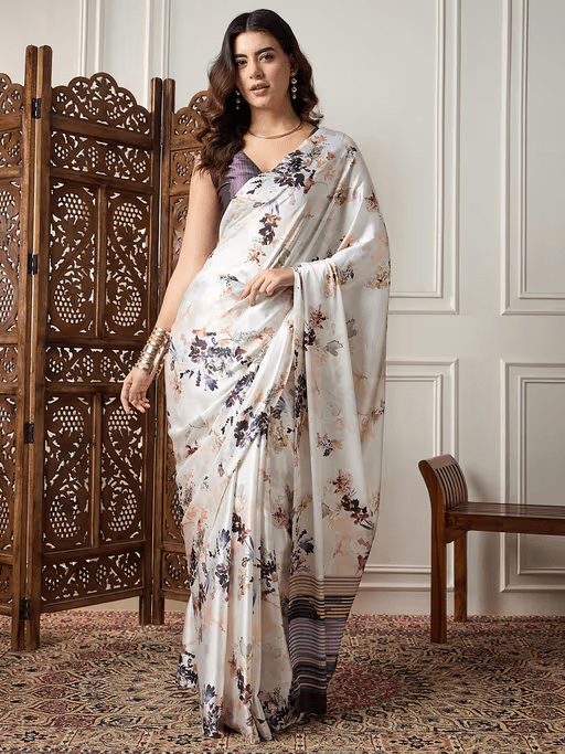 Navy Blue Silk Blend Floral Print Saree – With Unstitched Blouse Piece - aromie