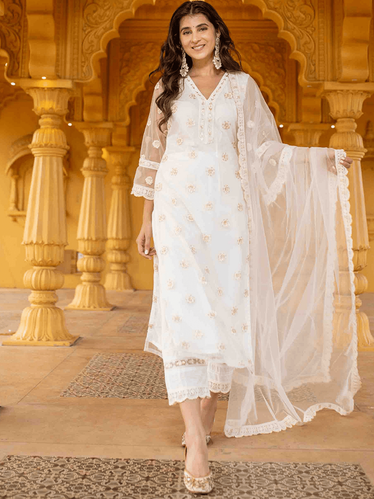 Elegant three piece kurta set with net embroidered kurta set and sheer dupatta for festive occasions