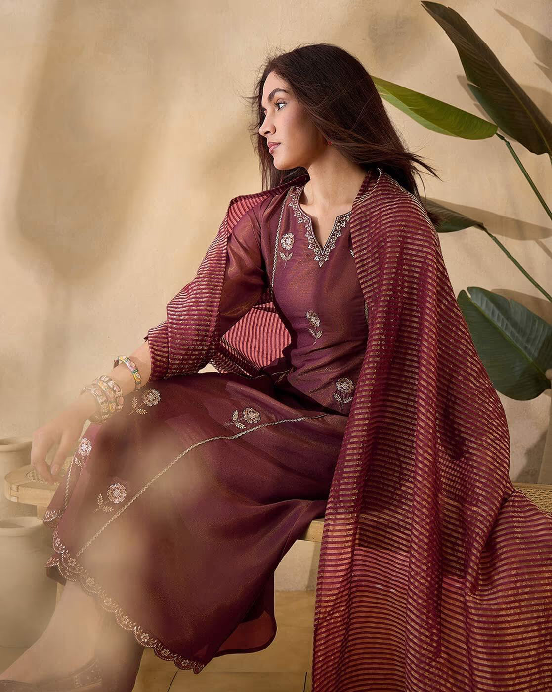 Elegant three piece Kurtha set in maroon with net embroidered kurta set and stylish dupatta