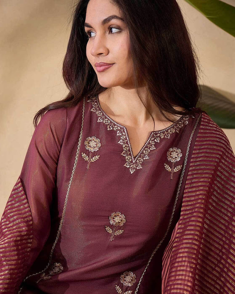 Aromie net embroidered kurta set in rich maroon with intricate floral designs and elegant sleeves