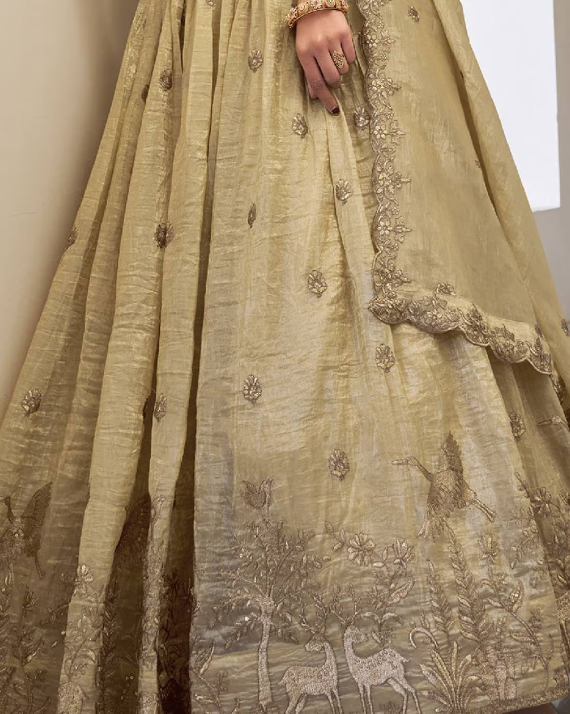 Gold beige lehenga skirt with intricate floral and deer embroidery and scalloped dupatta edge embroidered lehenga choli set Canada