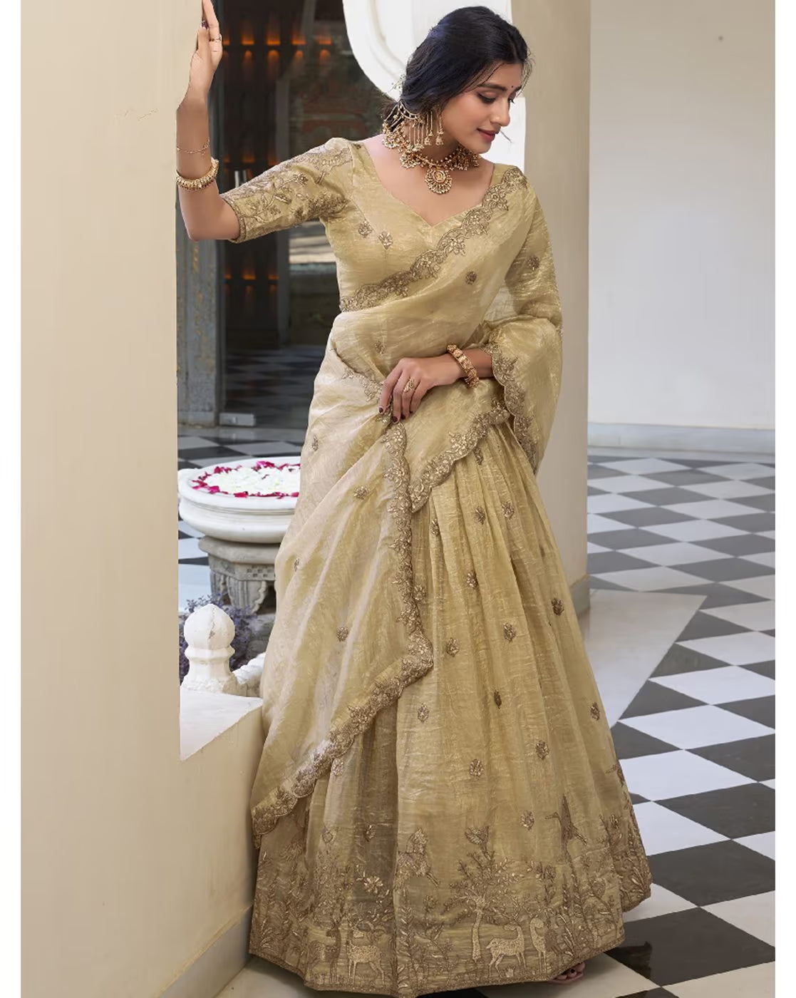 Beige gold embroidered lehenga choli set Canada with ornate floral embroidery and matching dupatta