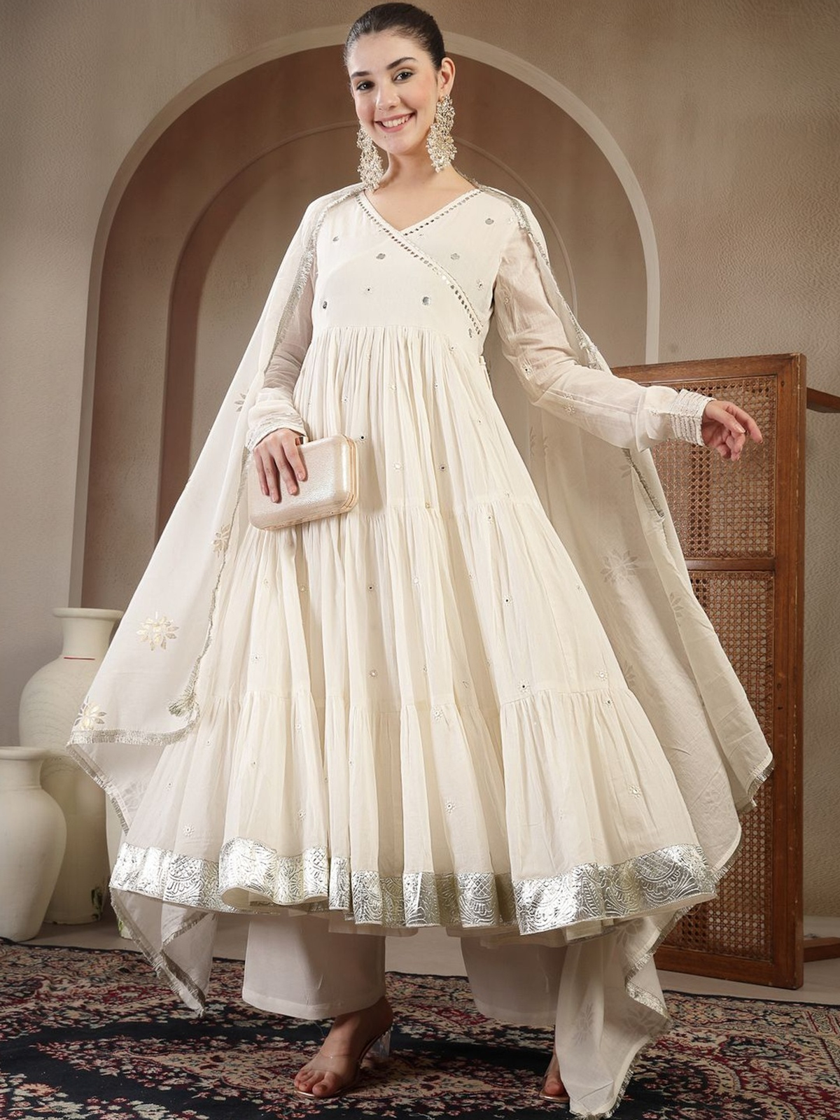 Off white Anarkali kurta set Canada featuring a flowy design with elegant embroidery and a matching dupatta