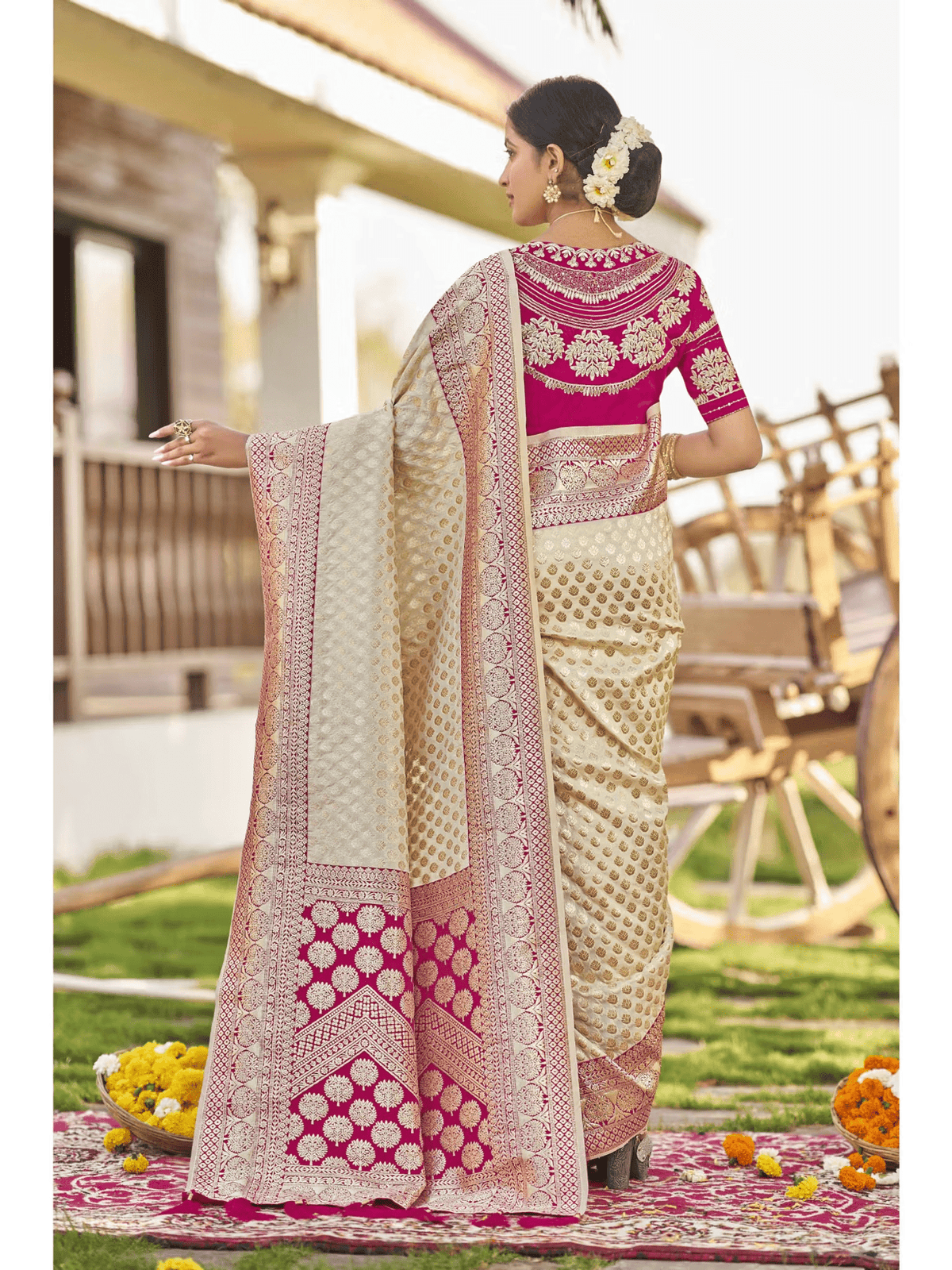 Off White and Pink Banarasi Silk Saree with Unstitched Blouse – Vegan Festive Wear for Women - aromie