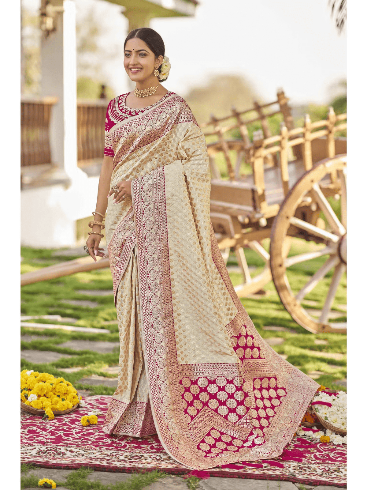 Off White and Pink Banarasi Silk Saree with Unstitched Blouse – Vegan Festive Wear for Women - aromie